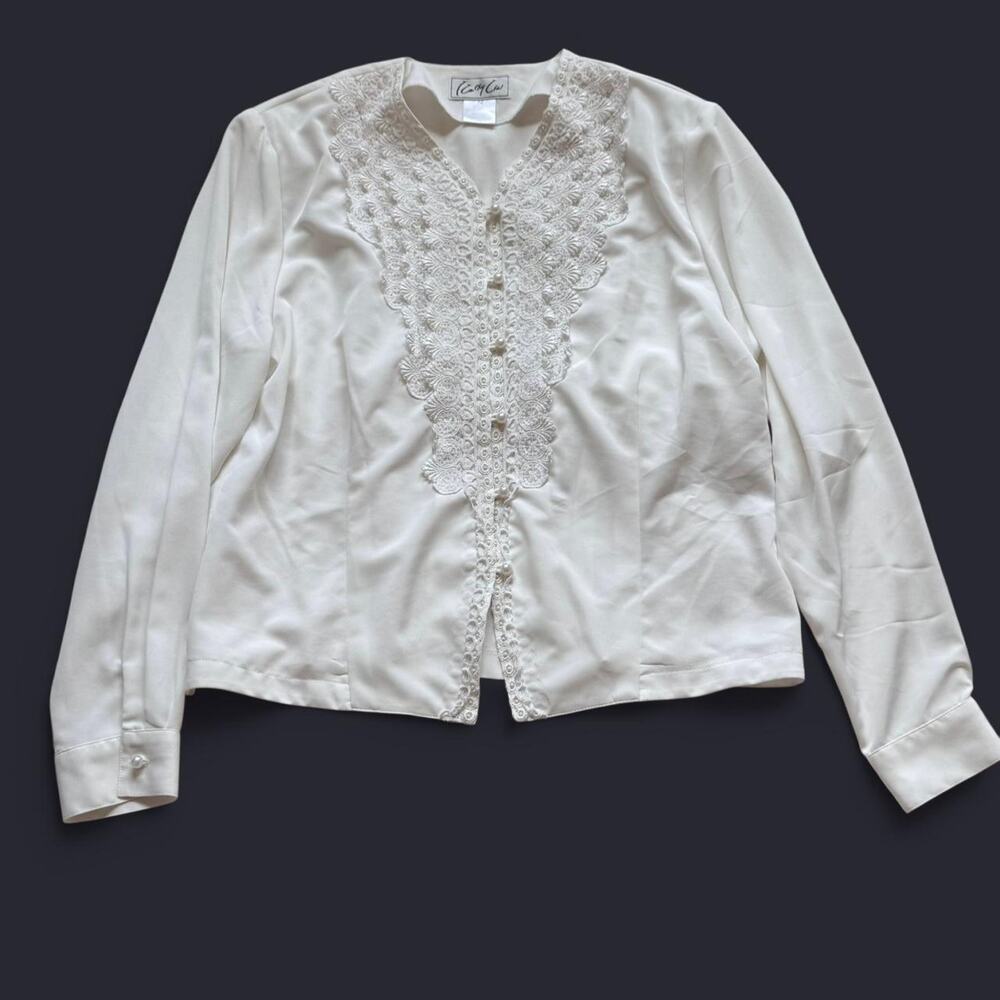 vintage White lace button up blouse‎ sz 14 pearl delicate romantic cottage